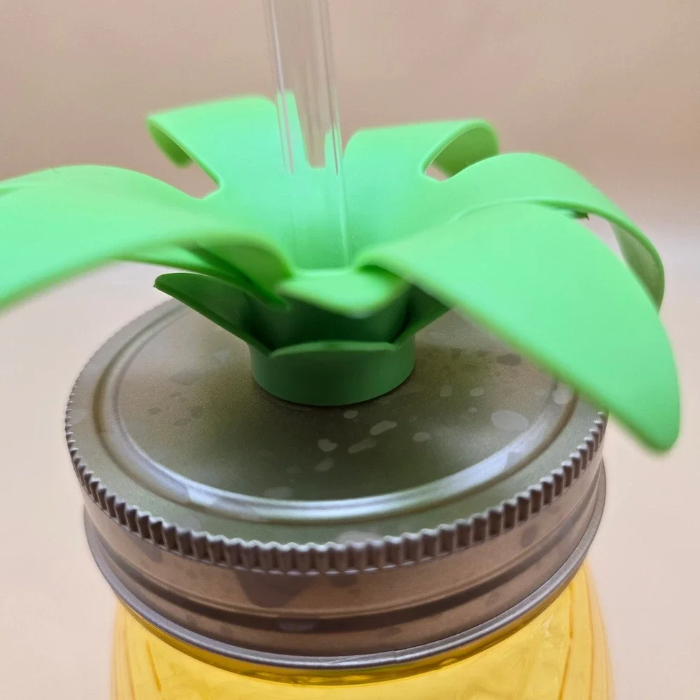 Pineapple Shaped Tumbler Yellow Plastic Mason‎ Jar Cup with Straw & Green Leaves